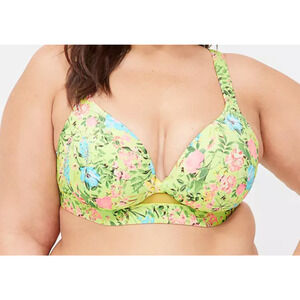 Cacique Women Comfort Bliss Bra 44C Green Floral Lightly Lined Plunge Underwire
